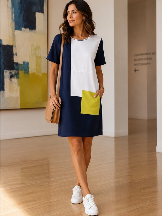 Joan Vass Dresses & Skirts - Joan Vass Colorblock Knit Shift Dress Navy White Lime Pocket NWT L